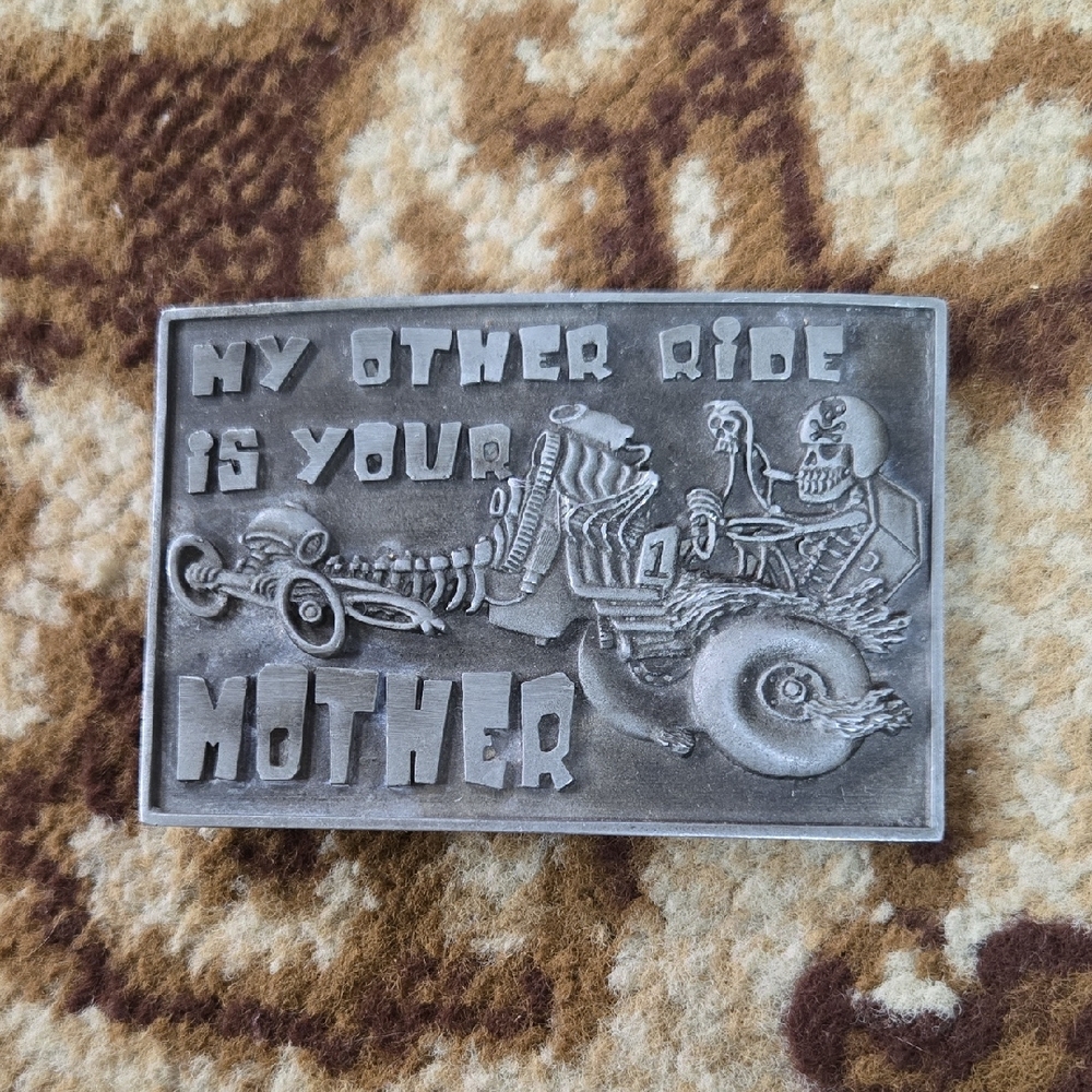 Y2K Novelty Biker Belt Buckle Skeleton Motorcycle My Other Ride is your Mother